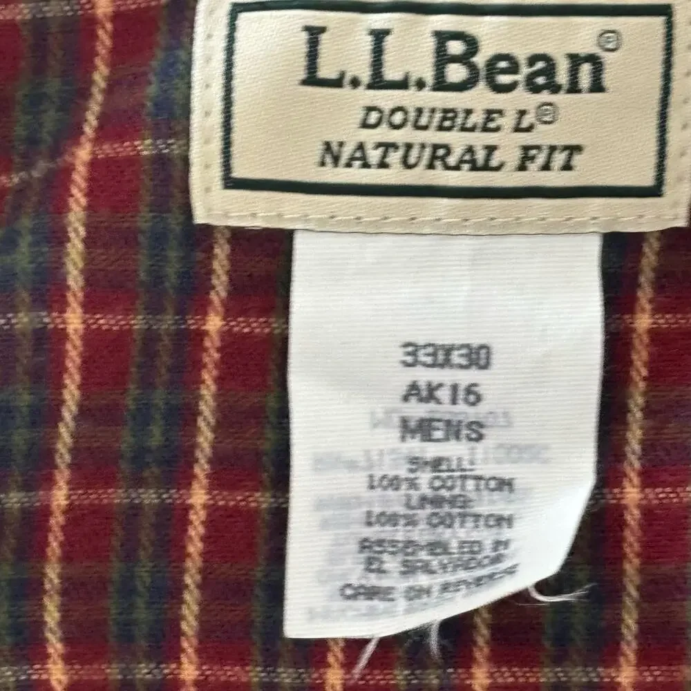 LL Bean Natural Fit Khaki Chinos Mens 33x30‎ Plaid Flannel Lined Double L